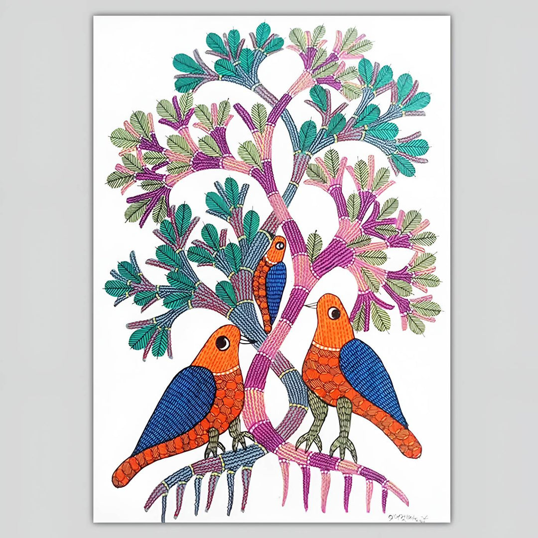 11 x 16 Inch | 3 Birds on Tree | Original Hand Painted Tribal Gond Art Painting | Acrylic Paint On Paper