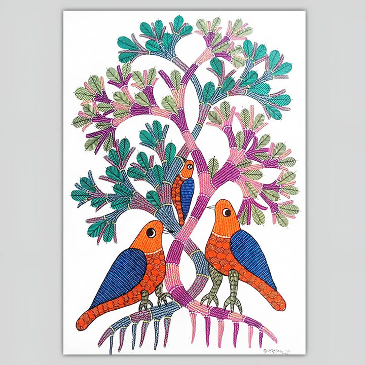 11 x 16 Inch | 3 Birds on Tree | Original Hand Painted Tribal Gond Art Painting | Acrylic Paint On Paper