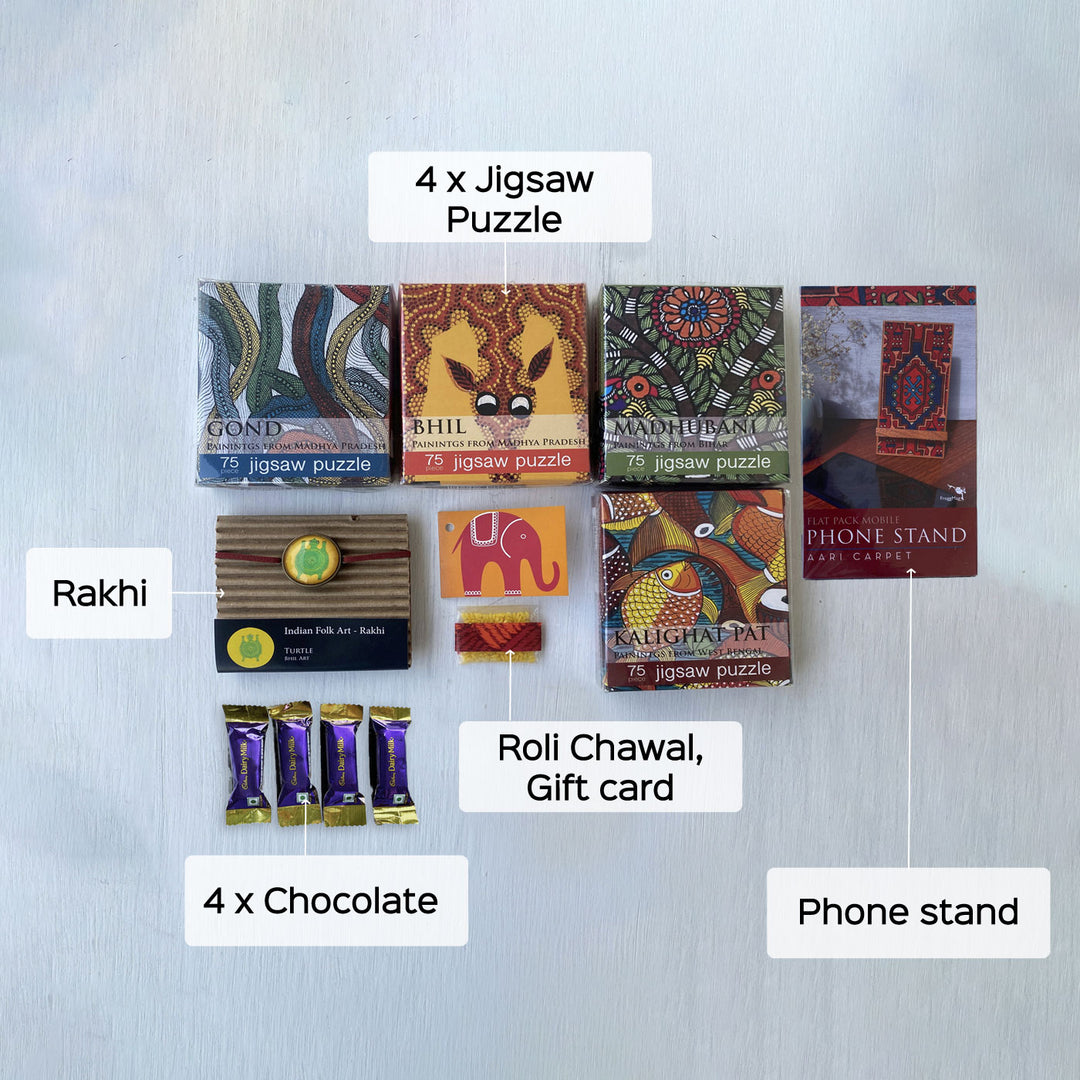 Handcrafted Folk Art Rakhi Hamper For Kids With Rice Roli Haldi 1 - Gift Set Contents Laid Out