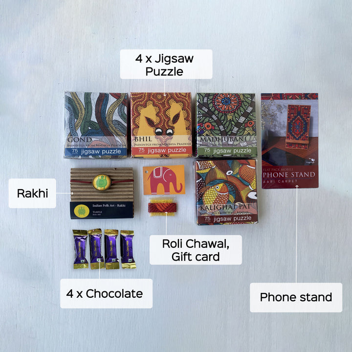 Handcrafted Folk Art Rakhi Hamper For Kids With Rice Roli Haldi 1 - Gift Set Contents Laid Out