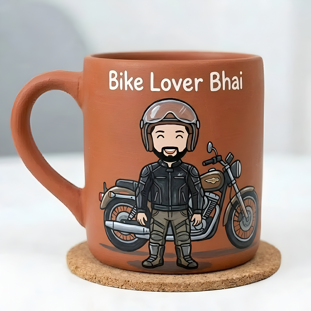 Bike Lover Bhai | Photo Personalized Hand-Painted Terracotta Mug With Background