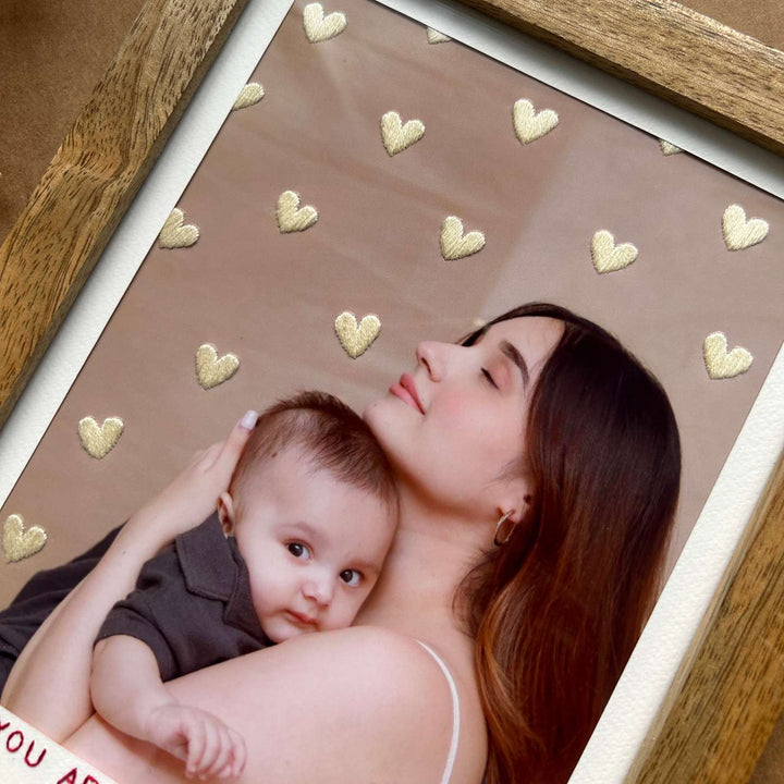 Yellow Heart Design Hand Embroidered Photo With Wooden Frame