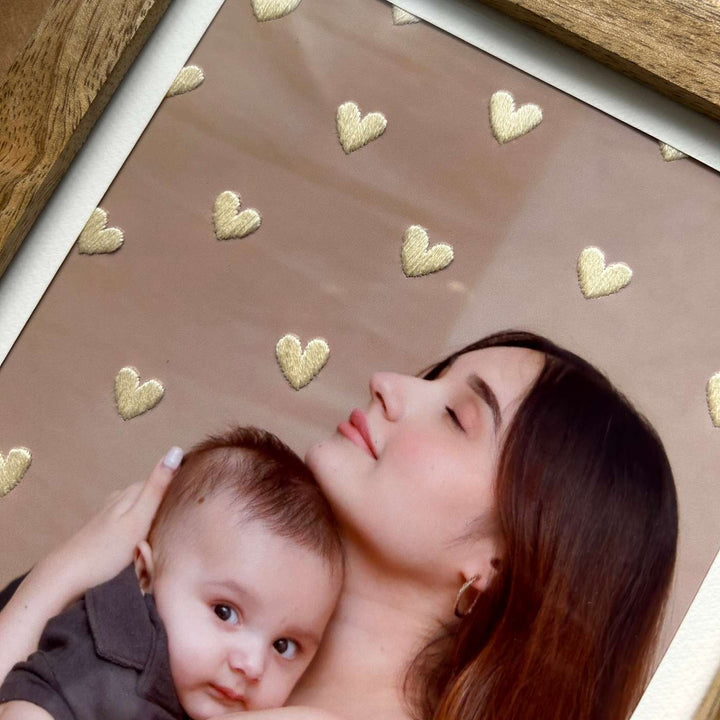 Yellow Heart Design Hand Embroidered Photo With Wooden Frame