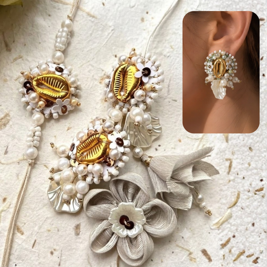 Convertible Earring Lumba Rakhi Set | Hand Embroidered Beaded Golden Shell Sequined Bhaiya Bhabhi Rakhi With Roli Chawal | Set Of 2