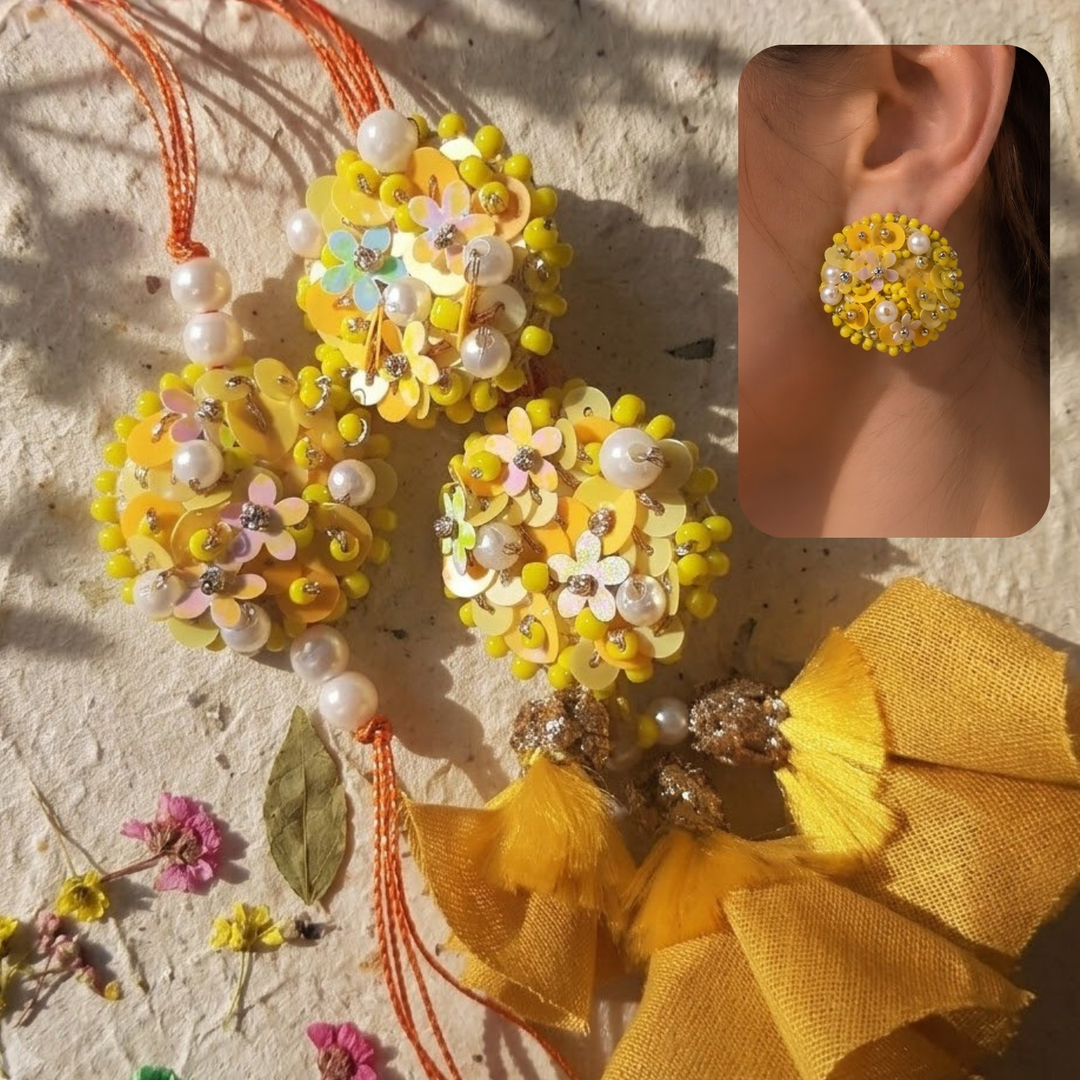 Convertible Earring Lumba Rakhi Set |Hand Embroidered Beaded Marigold Sequined Bhaiya Bhabhi Rakhi With Roli Chawal | Set Of 2
