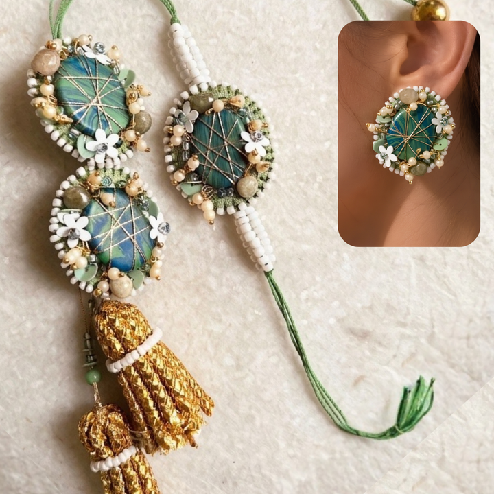 Convertible Earring Lumba Rakhi Set |Hand Embroidered Beaded Moni Sequined Bhaiya Bhabhi Rakhi With Roli Chawal | Set Of 2