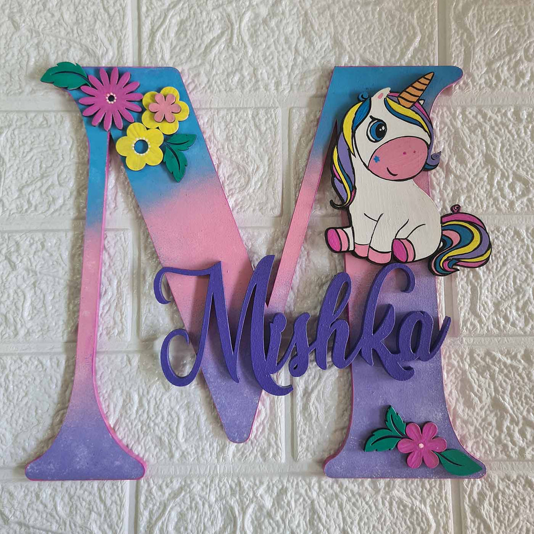 Unicorn Themed Monogram Kids Name Plate