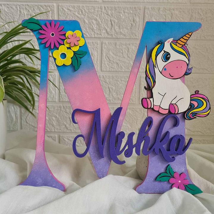 Unicorn Themed Monogram Kids Name Plate