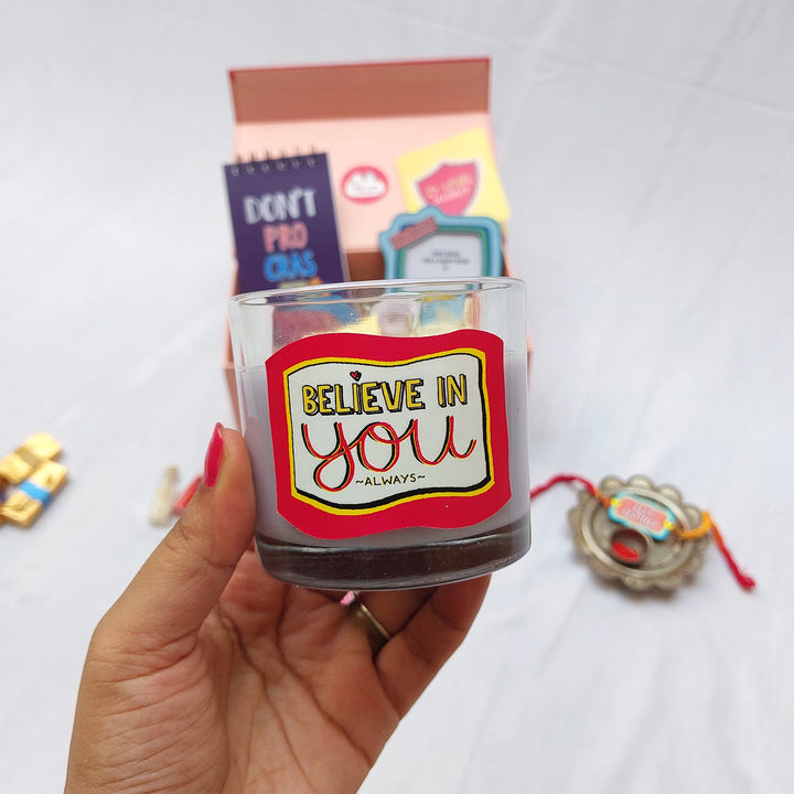 Personalized Wood Slice & Rakhi Gift Hamper For Brother With Kumkum Rice