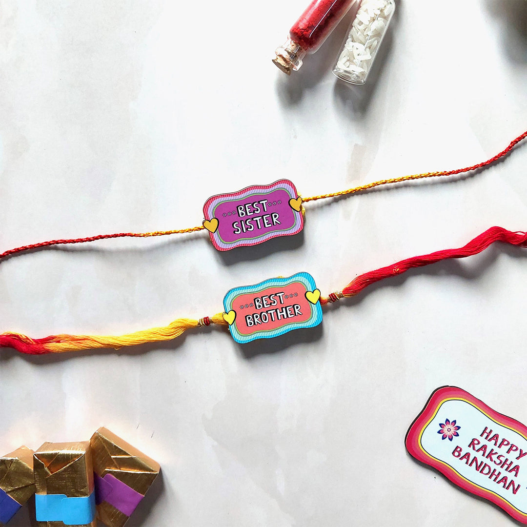 Glossy Printed Wooden Rakhi Combo With Kumkum Rice For Brother & Sister | Set of 2
