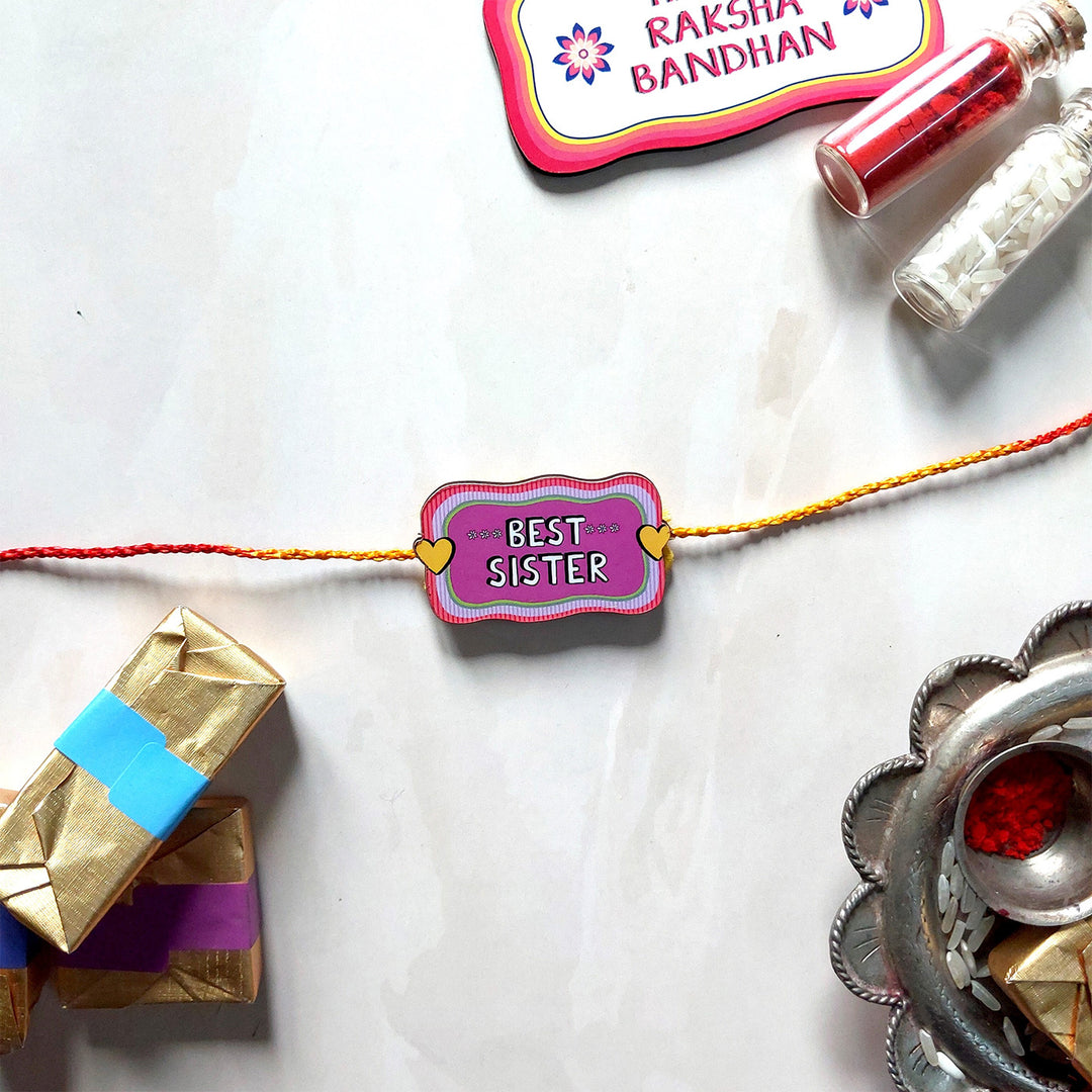 Personalized Photo Magnet & Rakhi Gift Hamper For Sister | With Chocolate & Kumkum Rice