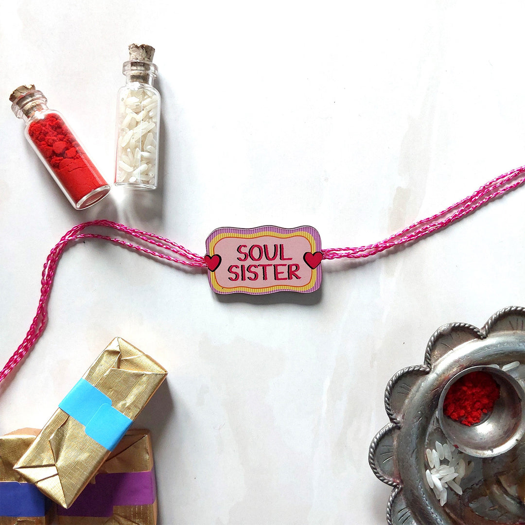 Glossy Printed Wooden 'Soul Sister' Rakhi With Kumkum Rice For Sister