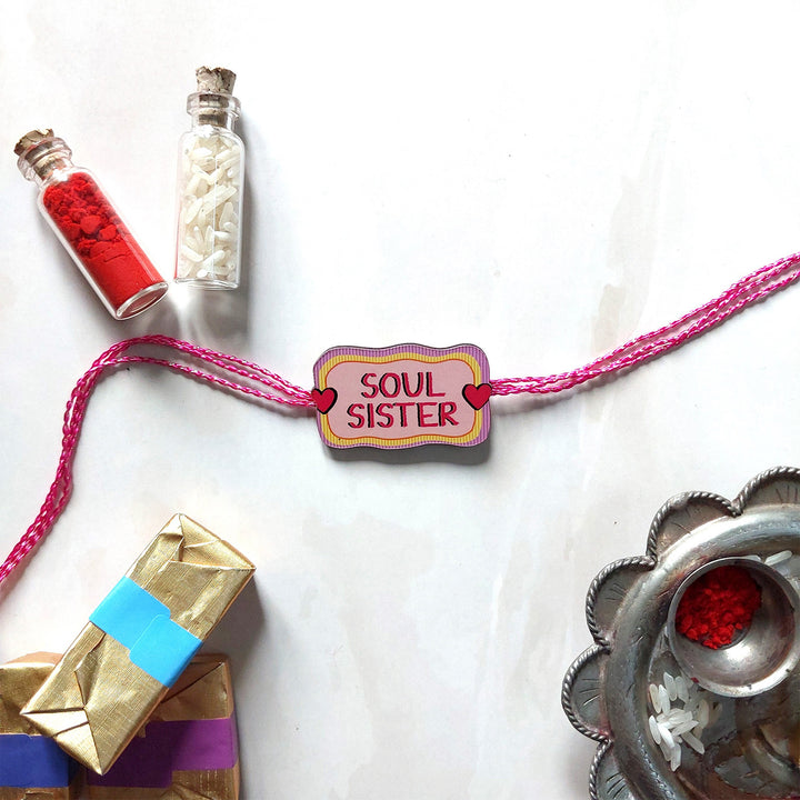Glossy Printed Wooden 'Soul Sister' Rakhi With Kumkum Rice For Sister