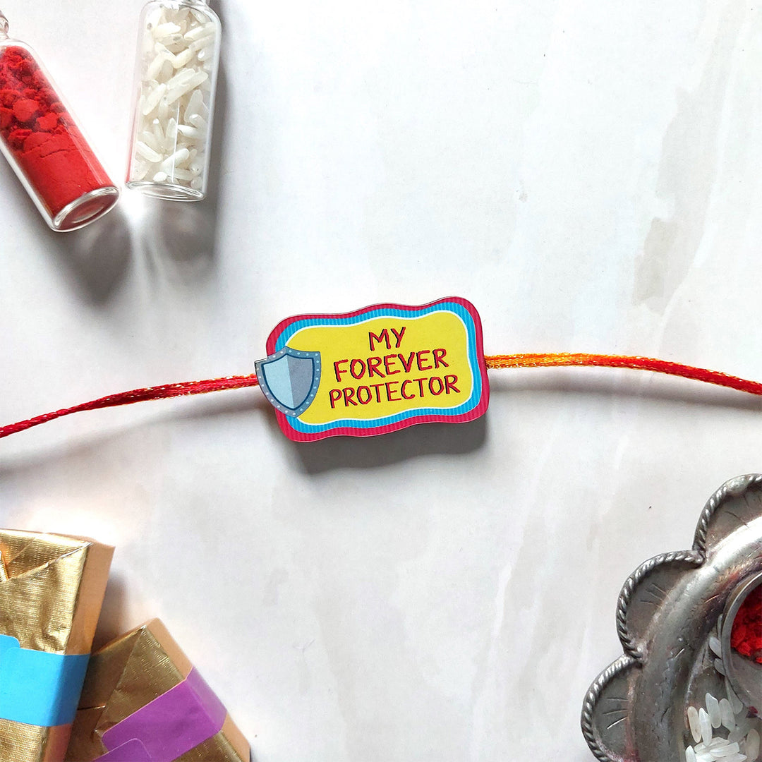 Glossy Printed Wooden 'Forever Protector' Rakhi With Kumkum Rice For Brother