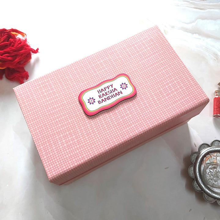 Personalized Photo Magnet & Rakhi Gift Hamper For Sister | With Chocolate & Kumkum Rice
