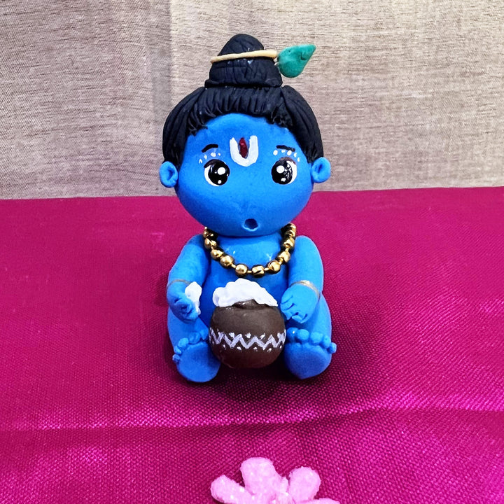 Handmade Miniature Krishna With Butter Pot Clay Golu Doll For Festive Decor