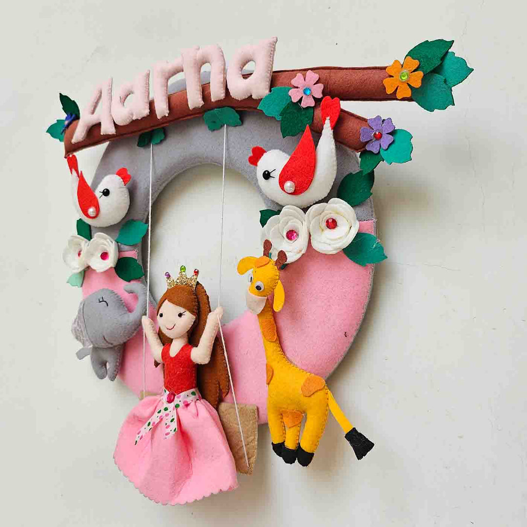 Handcrafted Personalized Jungle Theme Doll on Swing Felt Nameplate For Girls