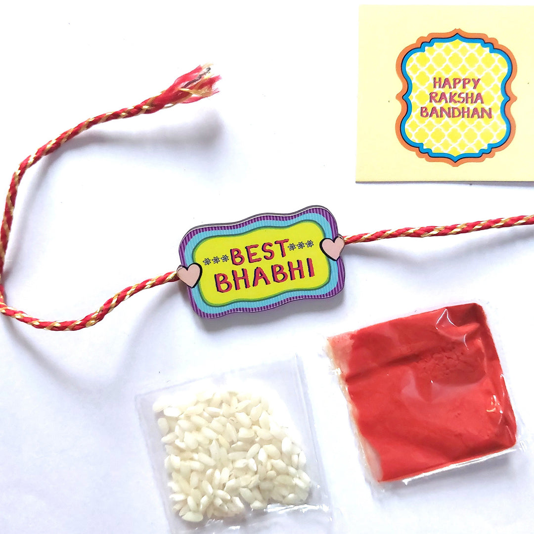 Glossy Printed Wooden 'Best Bhabhi' Rakhi With Kumkum Rice For Bhabhi