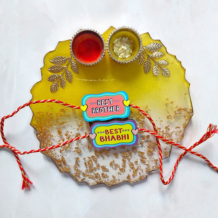 Glossy Printed Wooden Rakhi Combo With Kumkum Rice For Bhaiya Bhabhi | Set of 2