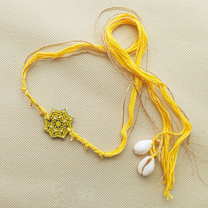 Handmade Yellow Star Shape Ghungroo And Beads Wooden Bhaiya Bhabhi Rakhi With Roli Chawal - Full Necklace with Shell Accents