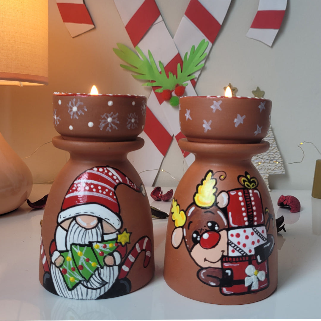 Hand-Painted Gnome & Reindeer Tealight Holders For Christmas Decoration | Set Of 2