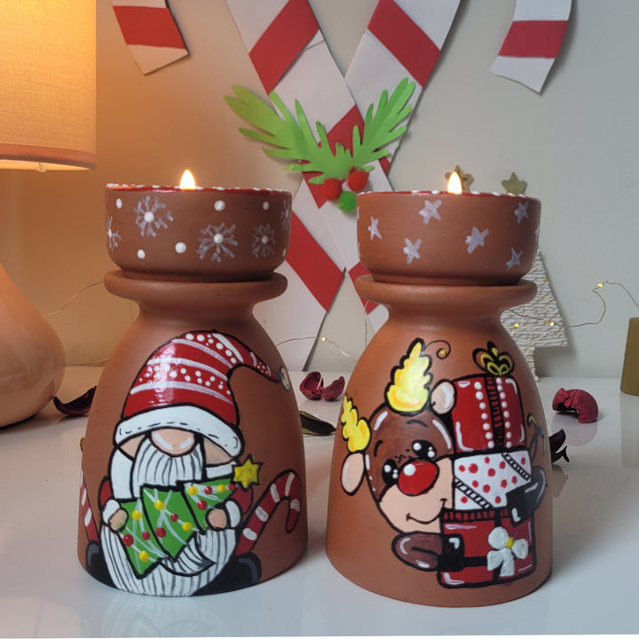 Hand-Painted Gnome & Reindeer Tealight Holders For Christmas Decoration | Set Of 2