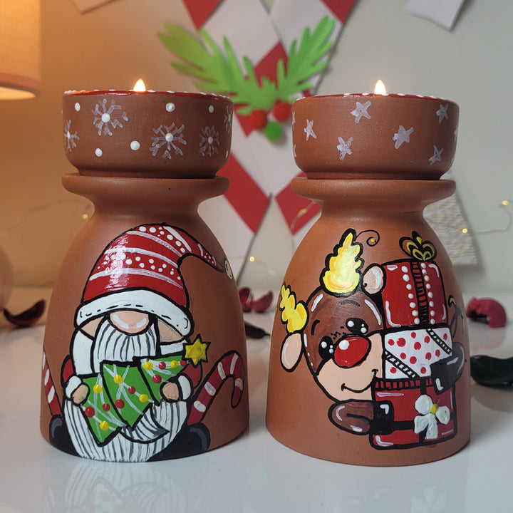 Hand-Painted Gnome & Reindeer Tealight Holders For Christmas Decoration | Set Of 2