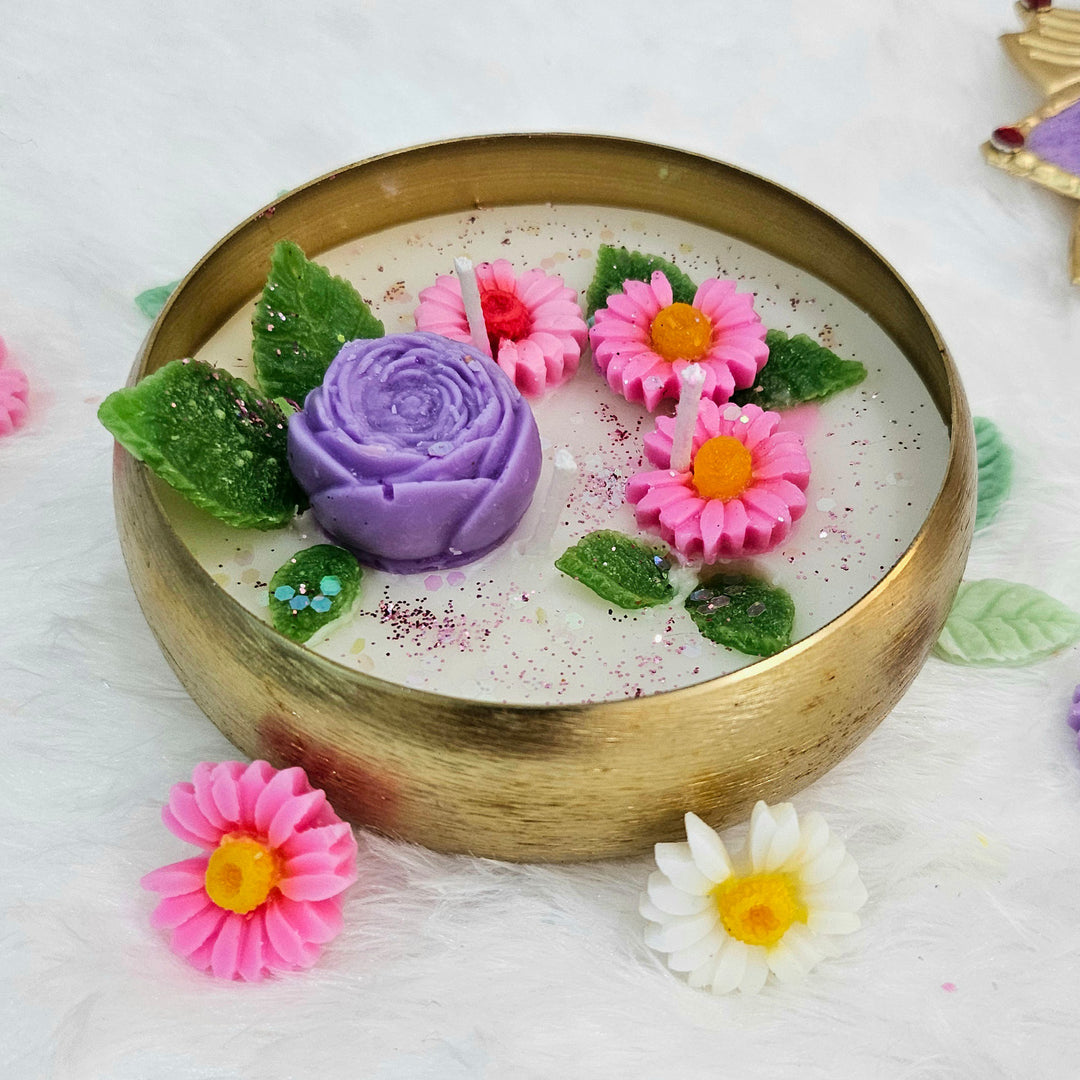 Handcrafted Royal Rose Floral Brass Urli Jasmine Scented Soy Wax Candle