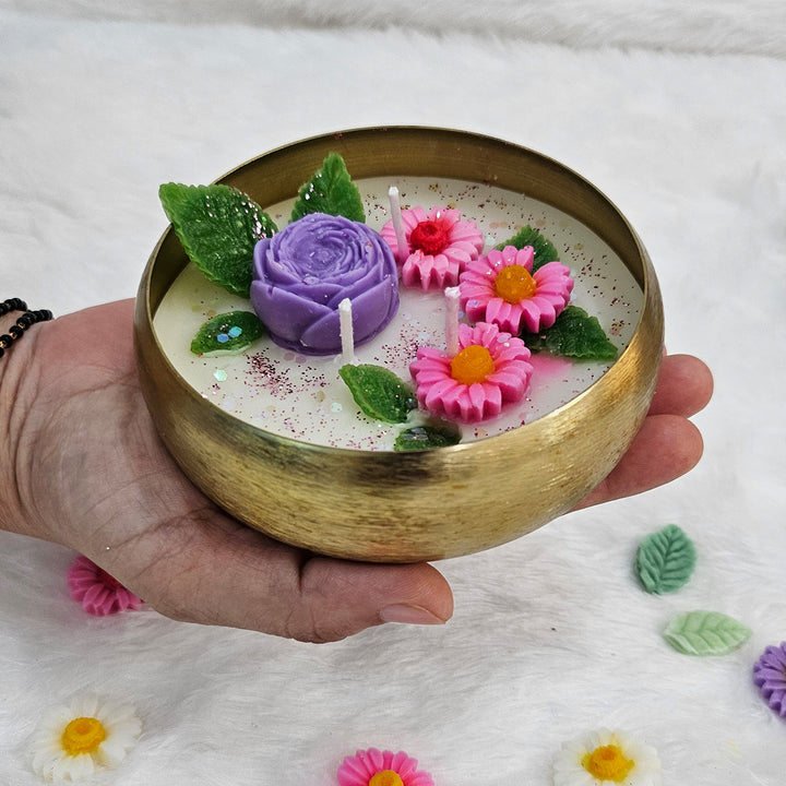 Handcrafted Royal Rose Floral Brass Urli Jasmine Scented Soy Wax Candle