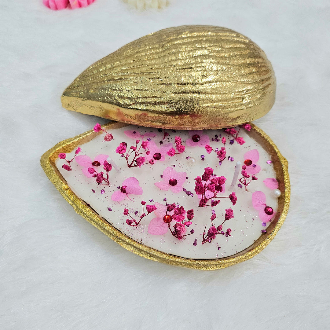 Handcrafted Golden Blossom Almond Shaped Brass Urli Amber Scented Soy Wax Candle With Dried Flowers