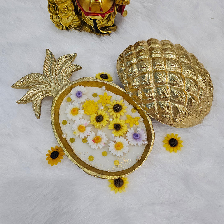 Handcrafted Golden Pineapple Floral Brass Urli Sandalwood Scented Soy Wax Candle