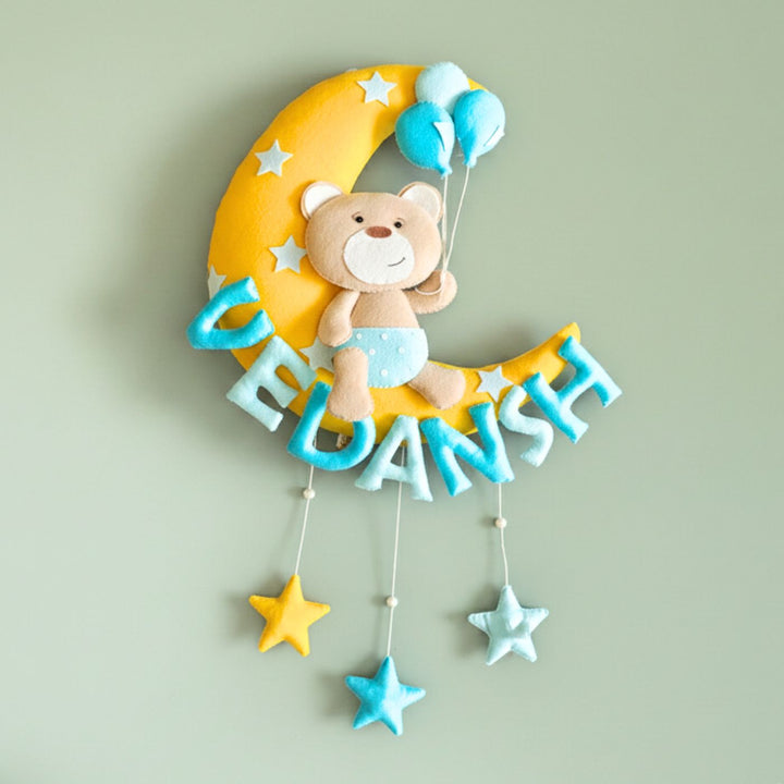 Hand-stitched Teddy Themed Felt Moon Nameplate with Birthdate For Kids