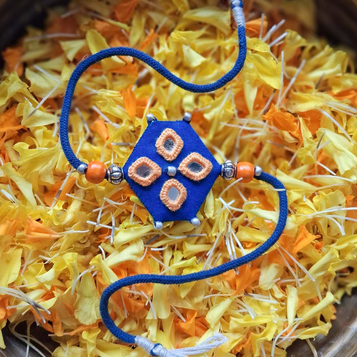Handmade Mirror Work "Blue Hexagon" Rakhi With Roli Chawal For Brother