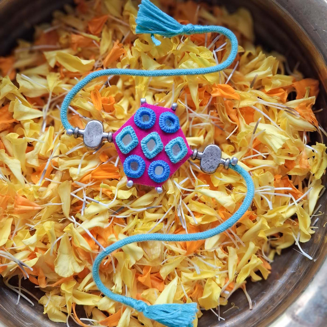 Handmade Mirror Work Teal Shaded Rakhi With Roli Chawal For Brother