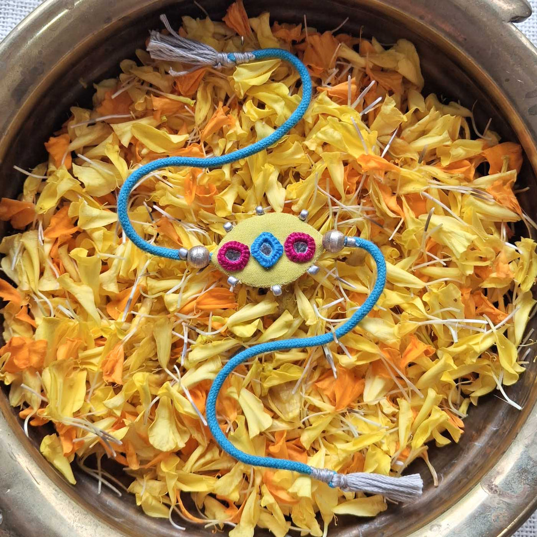 Handmade Mirror Work Lime Rakhi With Roli Chawal For Brother
