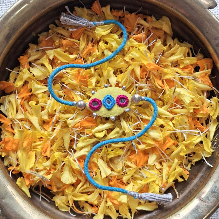 Handmade Mirror Work Lime Rakhi With Roli Chawal For Brother