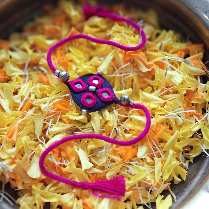 Handmade Mirror Work Indigo Rakhi With Roli Chawal For Brother
