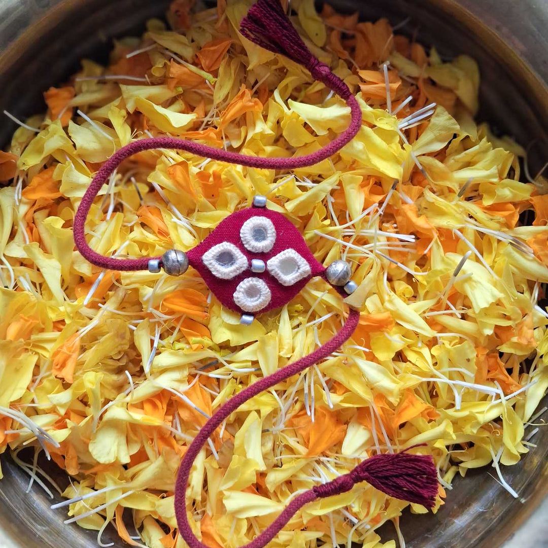 Handmade Mirror Work Earthy Tone Rakhi With Roli Chawal For Brother