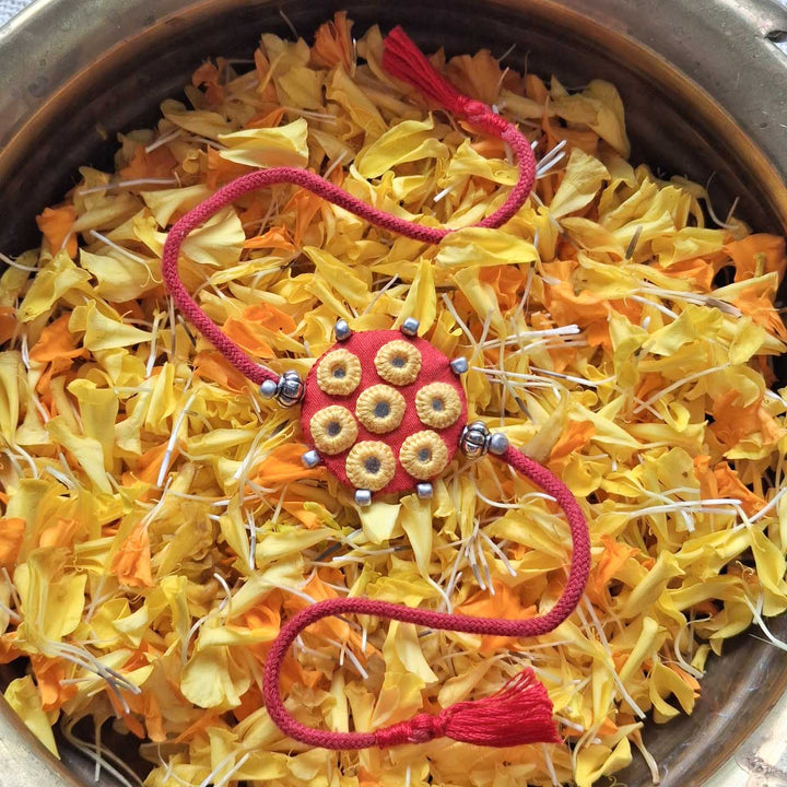 Handmade Mirror Work Ethnic Red Rakhi With Roli Chawal For Brother