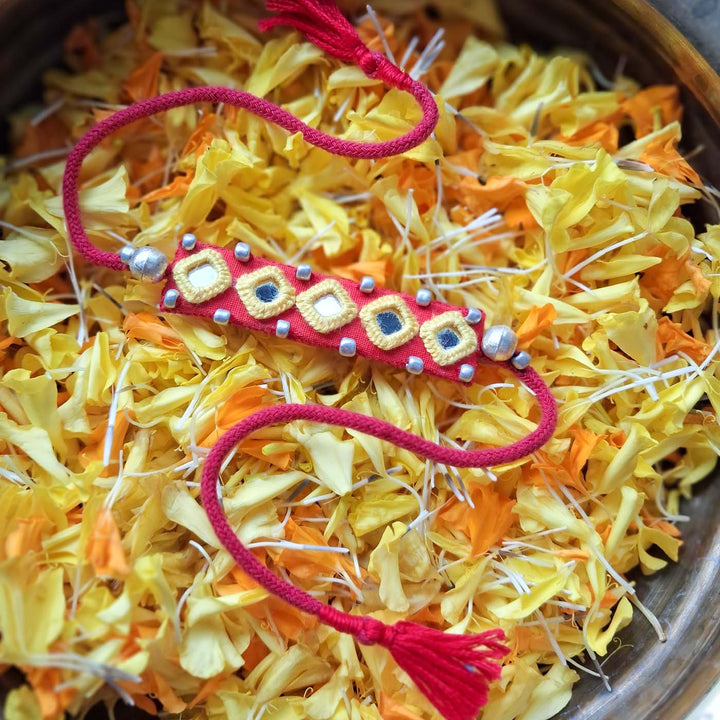 Handmade Mirror Work Red Rakhi With Roli Chawal With Roli Chawal For Brother