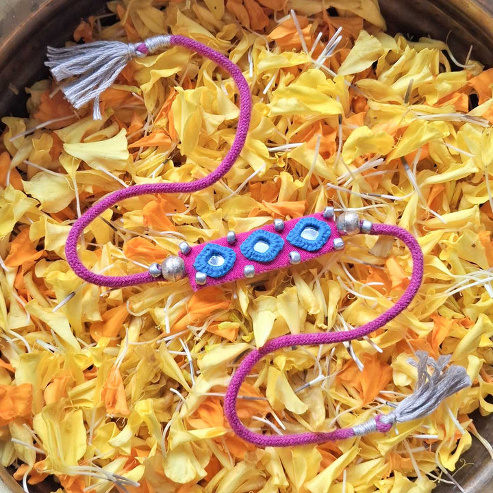 Handmade Mirror Work Pink Rakhi With Roli Chawal With Roli Chawal For Brother