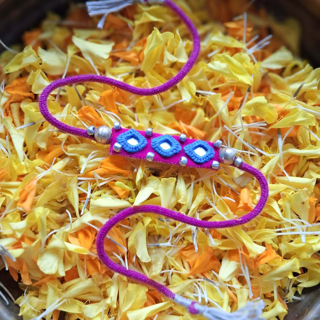 Handmade Mirror Work Pink Rakhi With Roli Chawal With Roli Chawal For Brother