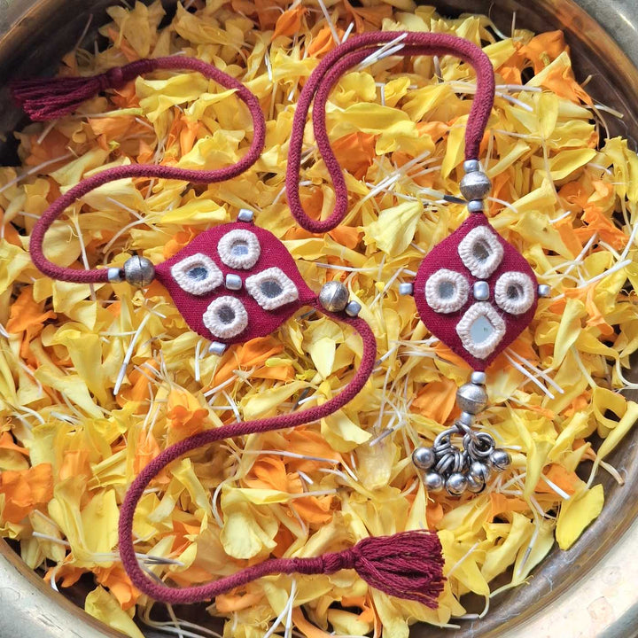 Handmade Mirror Work Earthy Tone Rakhi Lumba Set With Roli Chawal For Bhaiya Bhabhi | Set of 2