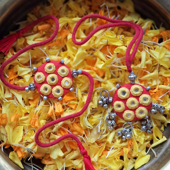 Handmade Mirror Work Ethnic Red Rakhi Lumba Set With Roli Chawal For Bhaiya Bhabhi | Set of 2