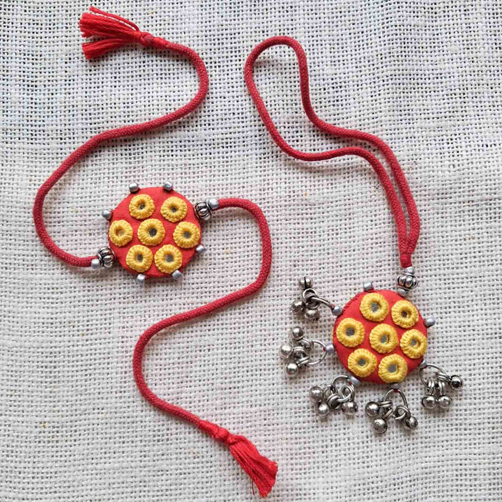 Handmade Mirror Work Ethnic Red Rakhi Lumba Set With Roli Chawal For Bhaiya Bhabhi | Set of 2