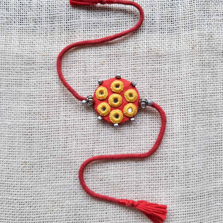 Handmade Mirror Work Ethnic Red Rakhi With Roli Chawal For Brother