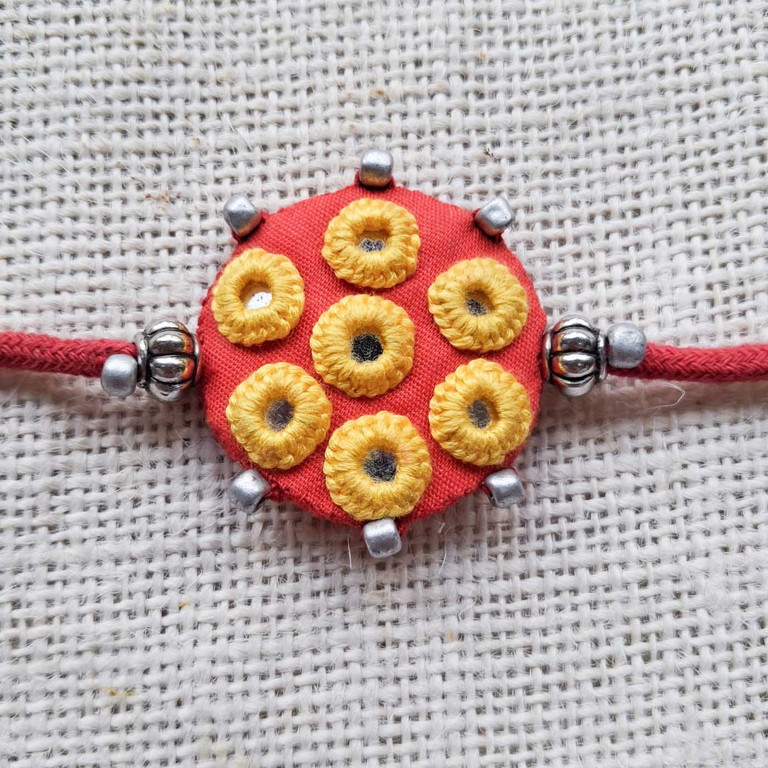 Handmade Mirror Work Ethnic Red Rakhi With Roli Chawal For Brother