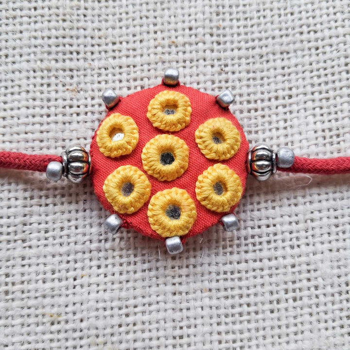 Handmade Mirror Work Ethnic Red Rakhi Lumba Set With Roli Chawal For Bhaiya Bhabhi | Set of 2
