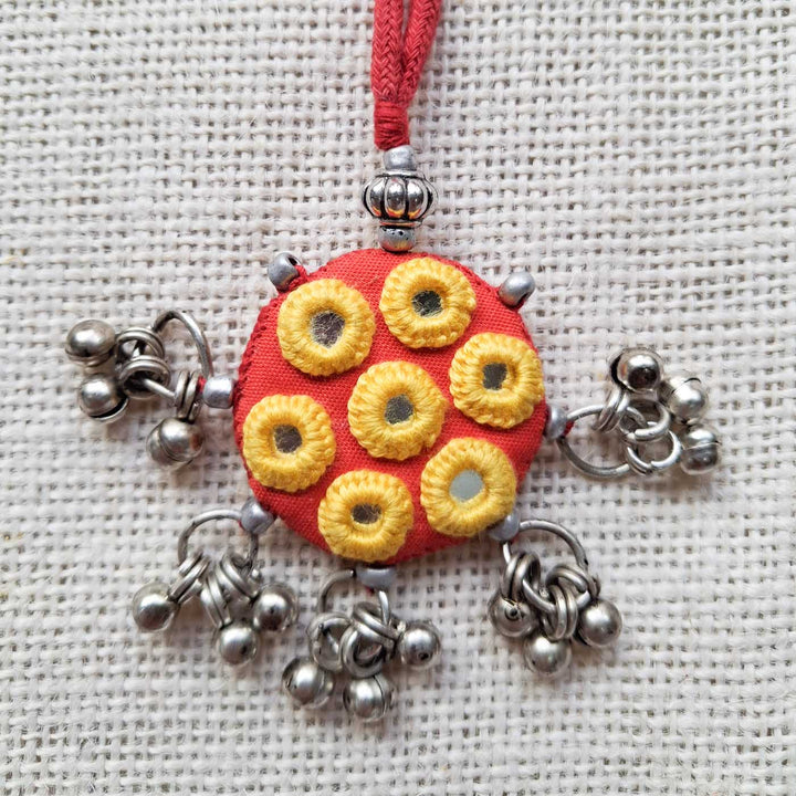 Handmade Mirror Work Ethnic Red Rakhi Lumba Set With Roli Chawal For Bhaiya Bhabhi | Set of 2