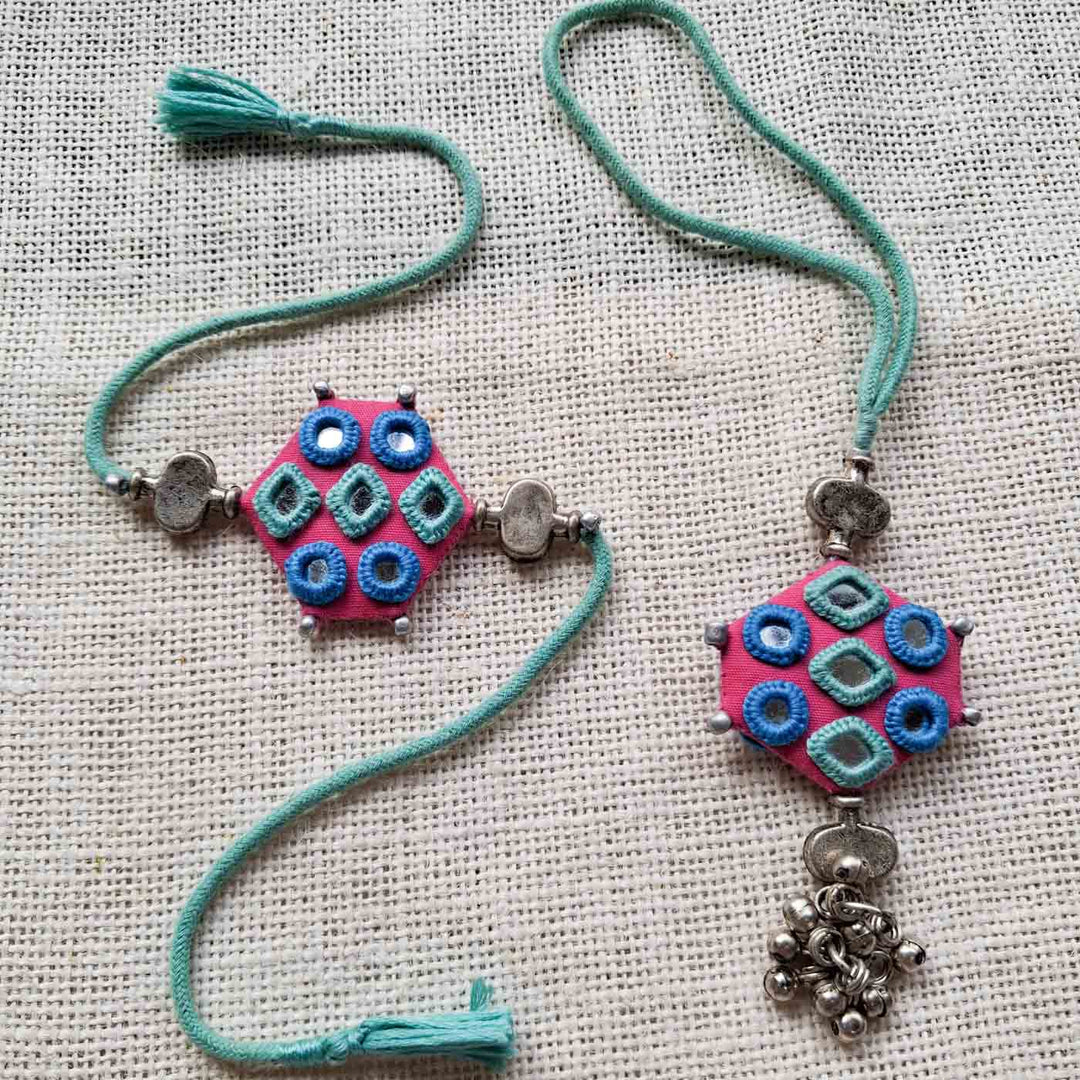 Handmade Mirror Work Teal Shaded Rakhi Lumba Set With Roli Chawal For Bhaiya Bhabhi | Set of 2
